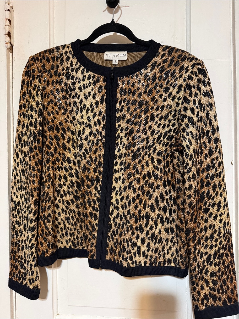 St. John Leopard Print Zip-Front Cardigan - Black & Tan
